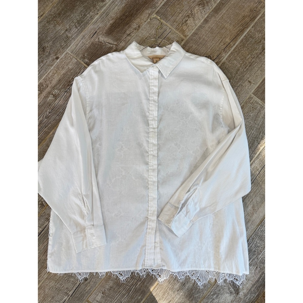 H&M Button Down Shirt Womens L White Excellent Lace Back Eyelash Trim Oversized
